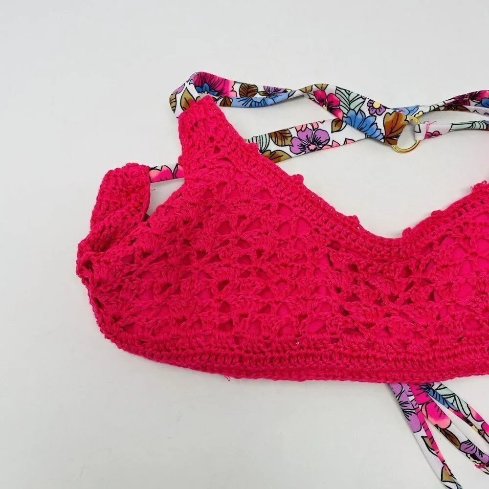 California‎ Waves Juniors Medium Crochet Bralette Bikini Top Racerback Pink 993
